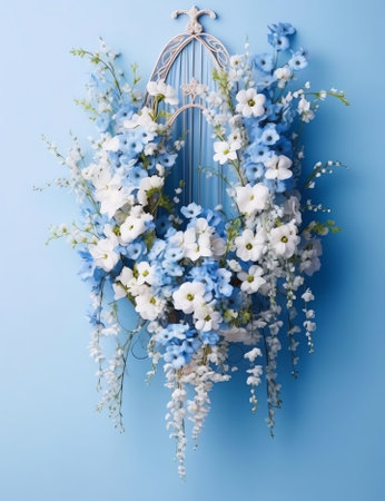 Generative AI : Creative floral summer spring composition Wreath frame made of white daisies lilies of valley maylily and blue bells Flowers on blue wooden background top view Flatの素材