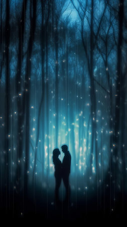 Generative AI : Silhouette of two lovers hugging in an atmospheric winter park with Christmas lights on trees in the evening Blurred defocused christmas imageの素材