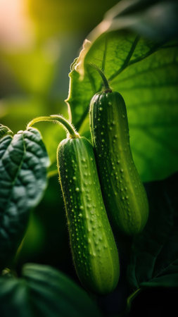 Generative AI : Young plant cucumber with yellow flowers Juicy fresh cucumber closeup macro on a background of leavesの素材