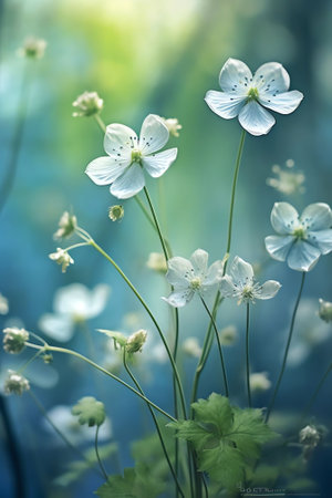 Generative AI : Spring forest white white flowers anemones on blue background in nature Beautiful blue bokeh Copyright toningの素材