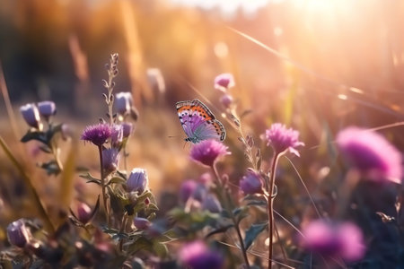 Generative AI : Wild pink flowers bathed in sunlight in field and two fluttering butterfly on nature outdoors soft selective focus closeup macro Magic artistic imageの素材