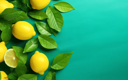 Generative AI : Pile of lemons with leaves on a blue wooden table in envelope from a green napkin Bright colorful background template food wallpaper restaurant design menuの素材