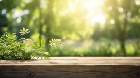 Generative AI : Spring summer beautiful natural background with green foliage in sunlight and empty wooden table outdoorsの素材