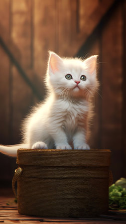 Generative AI : Small curious cute white fluffy kitten looks out from behind white columns on porch of houseの素材