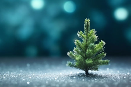 Generative AI : Winter christmas scenic composition template Silvery small Christmas tree on a on a sparkling background of a falling snow in light silver blue tones with copy spacの素材