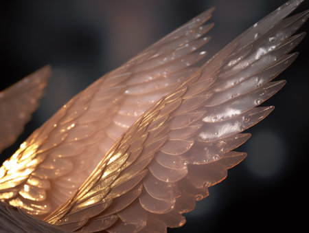 Generative AI : Wings of a little angel Two beautiful fluffy tender wings of a bird with white feathers macro with soft focusの素材