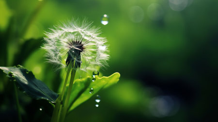 Generative AI : Beautiful dew water drop on a dandelion flower on blurred green background macro Soft dreamy elegancy artistic image tenderness and fragility of natureの素材