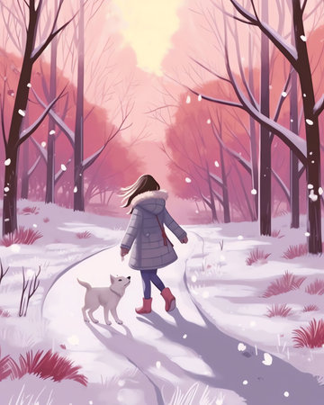 Generative AI : Beautiful alley in the park in winter with trees covered with snow and hoarfrost Girl in distance walking with a dog Beautiful artistic image of winter Tinted blueの素材