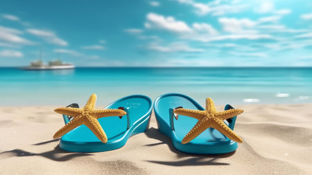 Generative AI : Beautiful colorful background for summer beach holiday Sunglasses starfish turquoise flipflops on sandy tropical beach against blue sky with clouds on bright sunnyの素材