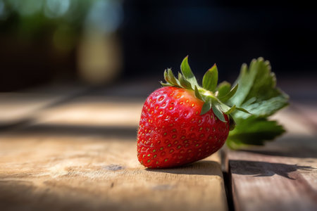 Generative AI : A beautiful strawberry berry closeup macro on a light wooden table with daisy flowers One appetizing bright strawberry on a light backgroundの素材
