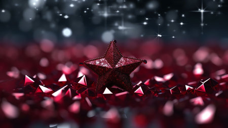Generative AI : Beautiful colorful Christmas composition in light tones of red Christmas stars different sizes on a sparkling silver defocused blurred background copy spaceの素材