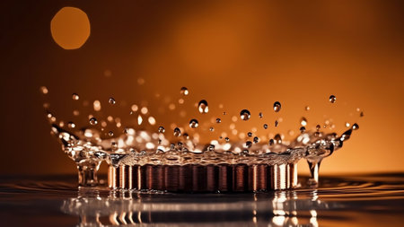 Generative AI : Abstract golden and brown background with shiny brilliant water drops dew or rain on the glass with round bokehの素材