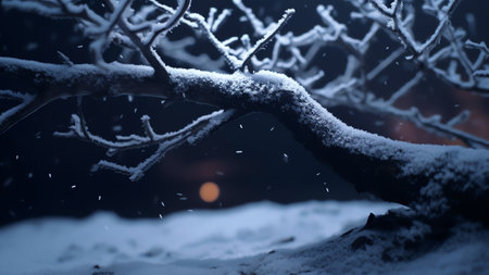 Generative AI : Beautiful image of snowy winter branches of bush or tree covered with hoarfrost against background of pure sparkling snow with bluish shadowsの素材