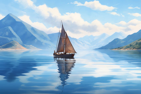 Generative AI : Beautiful scenery with sailing ships in the sea bay Antalya Turkey Seascape on a background of mountains and blue sky with cloudsの素材