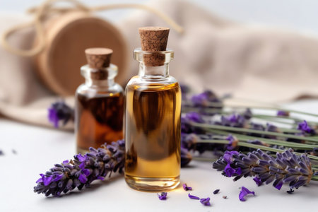 Generative AI : Glass bottle in hand with oil of lavender closeup macro Drop of oil dripping into a glass jar with tied with hemp rope small wooden board label Sprig of lavender flの素材
