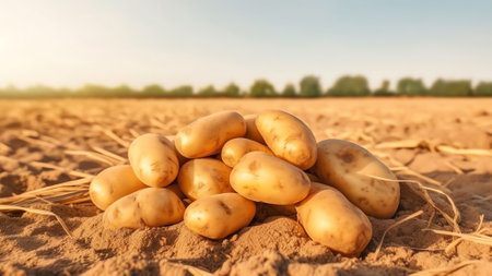 Generative AI : Fresh organic potatoes in the field Background many large potatoes on the groundcloseup potatoes texture Macro potatoの素材