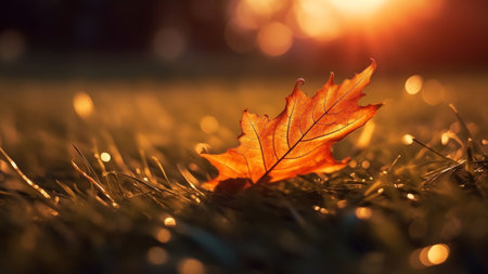 Generative AI : Beautiful yellowred autumn leaf maple on grass with dew in autumn in the sun with a nice round bokeh blurred and soft blue background Closeup macroの素材