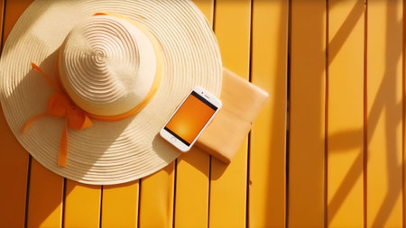 Generative AI : Concept for a beach vacation template background Hat smartphone suntan lotion sunglasses towel lie on a wooden white chaise longue in the sunの素材