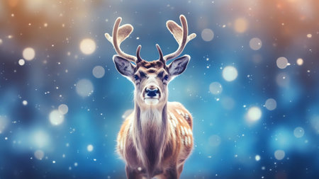 Generative AI : Christmas background with white decorative deer in snow on blue sky background in snowfall Banner format copy spaceの素材