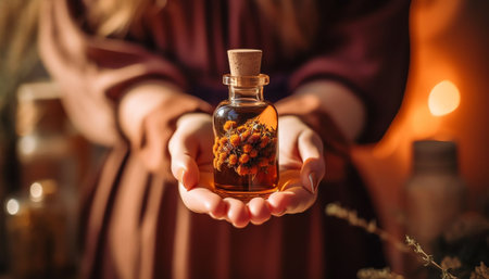 Generative AI : Glass bottle in hand with oil of lavender closeup macro Drop of oil dripping into a glass jar with tied with hemp rope small wooden board label Sprig of lavender flの素材