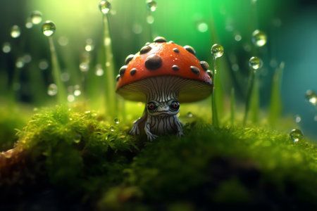 Generative AI : Little cute spider on mushroom in forest summer spring outdoors closeup macro on gentle blurred golden background Large drops of water dew on plants moss Amazing faの素材