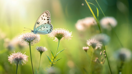 Generative AI : Gentle natural background in pastel colors with a soft focus of blue shades Wild meadow grass and butterfly in spring in nature macro Beautiful summer meadow inspirの素材