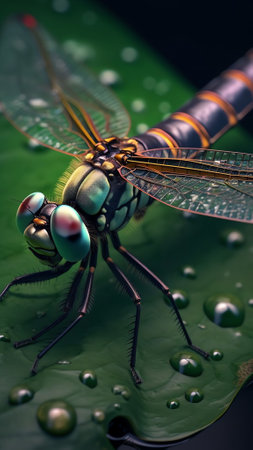 Generative AI : Dragonfly on leaf of plant with drop of morning dew in nature outdoors in sunlight closeup toning in blue Amazing excellent artistic image of beauty and harmony ofの素材