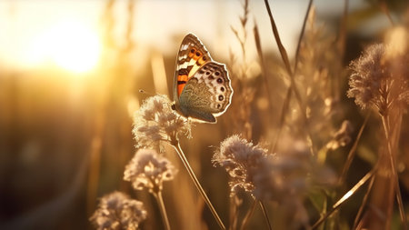Generative AI : Golden butterfly glows in the sun at sunset macro Wild grass on a meadow in the summer in the rays of the golden sun Romantic gentle artistic image of living wildliの素材