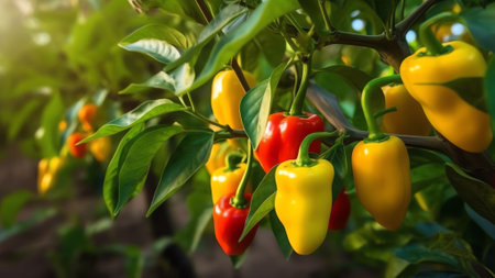 Generative AI : Growing sweet peppers in a greenhouse closeup Fresh juicy red and yellow peppers on the branches closeup Agriculture large crop of round pepperの素材