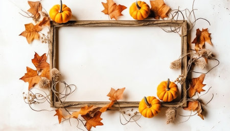 Generative AI : Autumn layout composition frame of dry leaves branch yellow green pumpkins acorn and berries on white background Flat lay top view copy space fall conceptの素材
