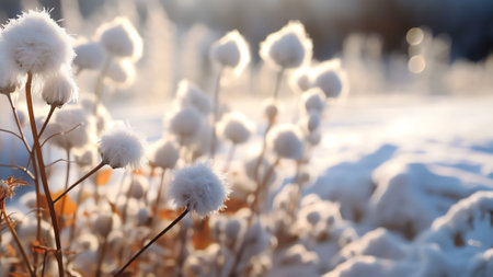 Generative AI : White Winter Branches under the sparkling fluffy snow Hoarfrost on the branches and plants Snowdriftの素材
