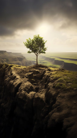 Generative AI : Lonely tree on top of rock in mountains in canyon Spectacular natural panoramic landscape with canyon cliffs at sunrise in sunlightの素材