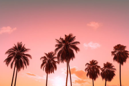 Generative AI : Palm trees against orange pink sky at sunsetの素材
