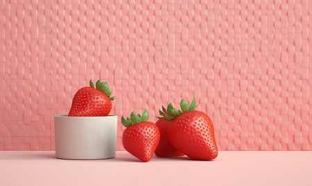 Generative AI : Colorful sweet tasty food concept with strawberries on white and pink background minimalistic original fruit idea Healthy food concept Creative layout fruitの素材