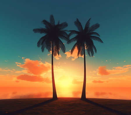 Generative AI : Silhouette coconut palm trees on beach against blue sky during a orange tropical sunsetの素材