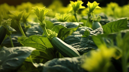 Generative AI : Group many young fresh cucumbers grow on the garden in open ground against a background of juicy green leaves closeup macro Harvesting of cucumbers plants in open gの素材