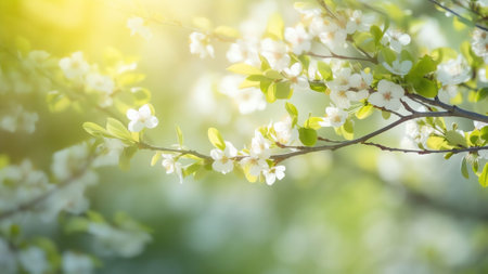 Generative AI : Spring border template wallpaper with a branch of a blossoming apple tree closeup macro on a soft blurred green background Apple tree in bloomの素材