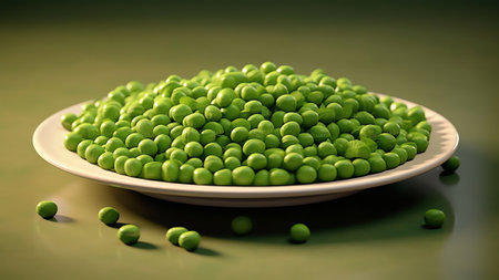 Generative AI : Spoon with a slide of green peas on a yellow plate closeup macro Fresh tasty green peas on a yellow backgroundの素材