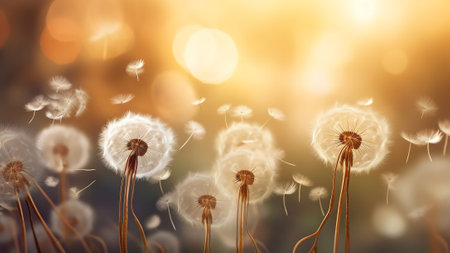Generative AI : Spring background with light transparent flowers dandelions at sunset in pastel light golden tones macro with soft focus Delicate airy elegant artistic image of natの素材