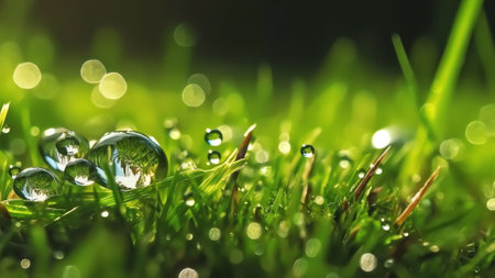 Generative AI : Juicy lush green grass on meadow with drops of water dew in morning light in spring summer outdoors closeup macro panorama Beautiful artistic image of purity and frの素材