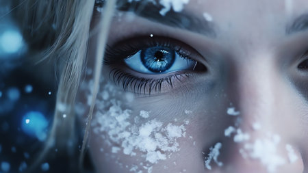 Generative AI : Open expressive blue eyes with frost or snow on eyelashes macro closeup in winter Bright sensual expressive artistic imageの素材