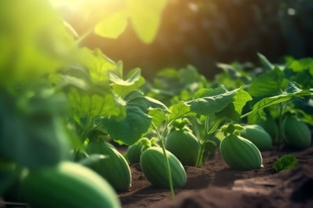 Generative AI : Group many young fresh cucumbers grow on the garden in open ground against a background of juicy green leaves closeup macro Harvesting of cucumbers plants in open gの素材