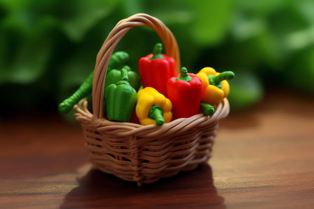 Generative AI : White basket with vegetables tomato apple red and yellow sweet pepper in the grass on a white wooden background with copy spaceの素材