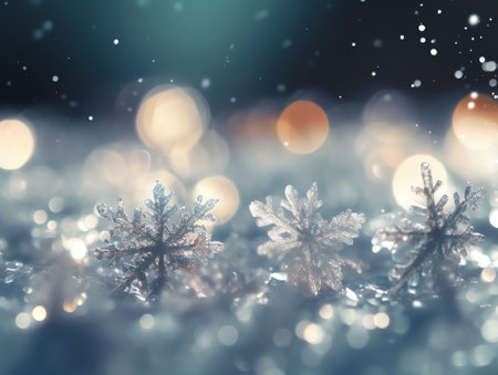 Generative AI : Snowflakes macro closeup in the winter outdoors Blue background snow texture brilliant sparkling bokehの素材