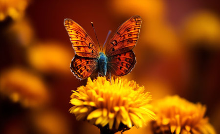 Generative AI : Peacock butterfly of the family Nymphalidae surrounded by orange marigold flowers in nature closeupの素材