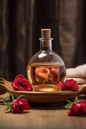 Generative AI : Original idea with rose petals lying in shape of flower and pipette with falling drop of rose essential oil on light wooden texture closeup macro Concept of cosmetiの素材