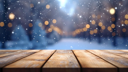 Generative AI : Winter snowy stage background with wooden flooring and Christmas lights on blue background banner format copy spaceの素材