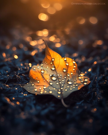 Generative AI : Golden autumn leaf in the grass in the sun on the background of a beautiful artistic bokeh Drops of dew glisten in the green grass in autumn macroの素材