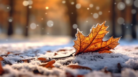 Generative AI : The first snow on the orange autumn leaves Early snow falls on a maple branch close up Beautiful background template for text Early winterの素材