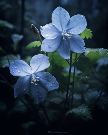 Generative AI : Two woven spring flower in the rain in a forest in spring closeup with soft focus The romantic image of love spring bloom wallpaper border template card for designの素材